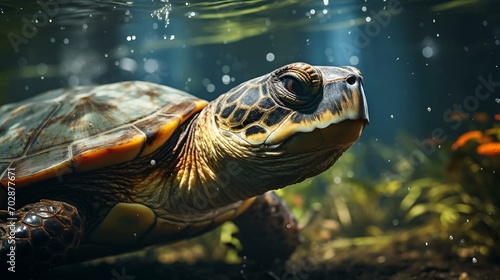 turtle is in an aquarium as it looks out to the water © Wirestock