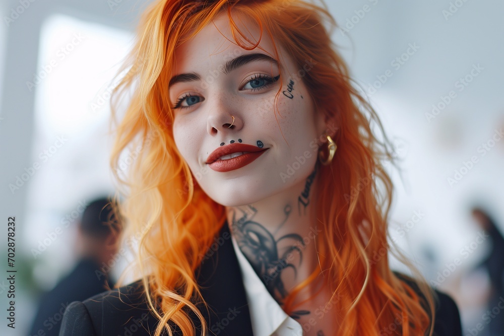 A fashion new generation working woman, orange hairs and tattoo. A fashion new generation working woman, orange hairs and tattoo.