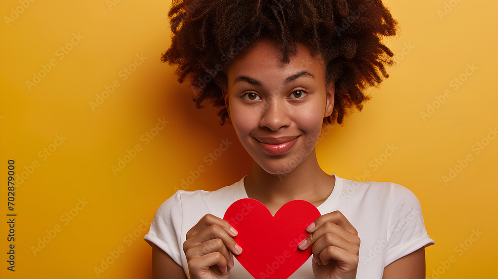 Close-up photo beautiful and amazing her dark skin lady adorable remember cuddling big paper card heart shape figure from dreamy wearing casual white t-shirt isolated yellow bright vibrant background, Close-up photo beautiful and amazing her dark skin lady adorable remember cuddling big paper card heart shape figure from dreamy wearing casual white t-shirt isolated yellow bright vibrant background,