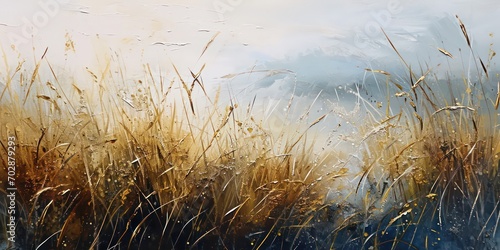 The painting features long grass with a  bokeh light background.