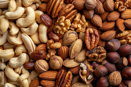 Mix of different kinds of natural nuts background, including of pecan, almond, cashew, and other nuts, popular nutrients and high protein snack, essential fiber and healthy fats.