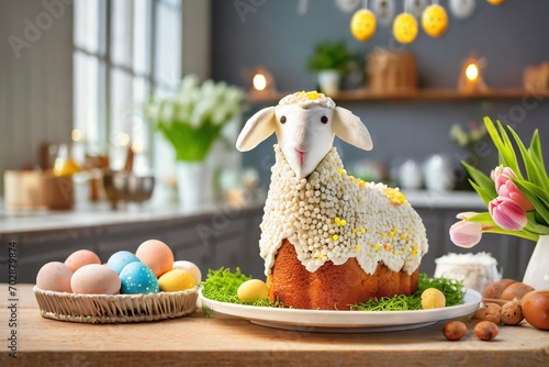 Osterlamm, Kuchen, in der Küche mit Ostereierdekoration  photo