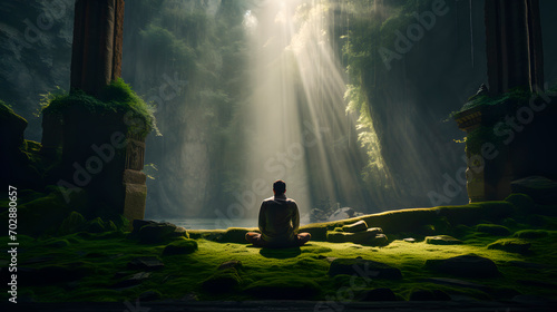 a person praying, a person asking god for something, while a ray of sunlight illuminates it. photo