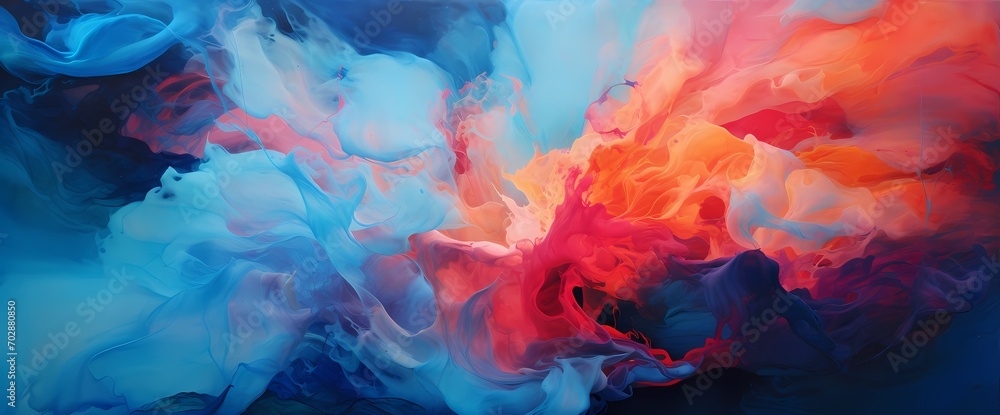 A dynamic explosion of electric blue and fiery orange, resembling a liquid collision frozen in time, surrounded by a sea of abstract color.