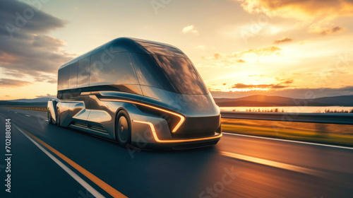 A large futuristic semi-trailer is driving along the highway. Concept for electric freight transport, logistics or cargo transportation. Truck on the highway. © Anoo