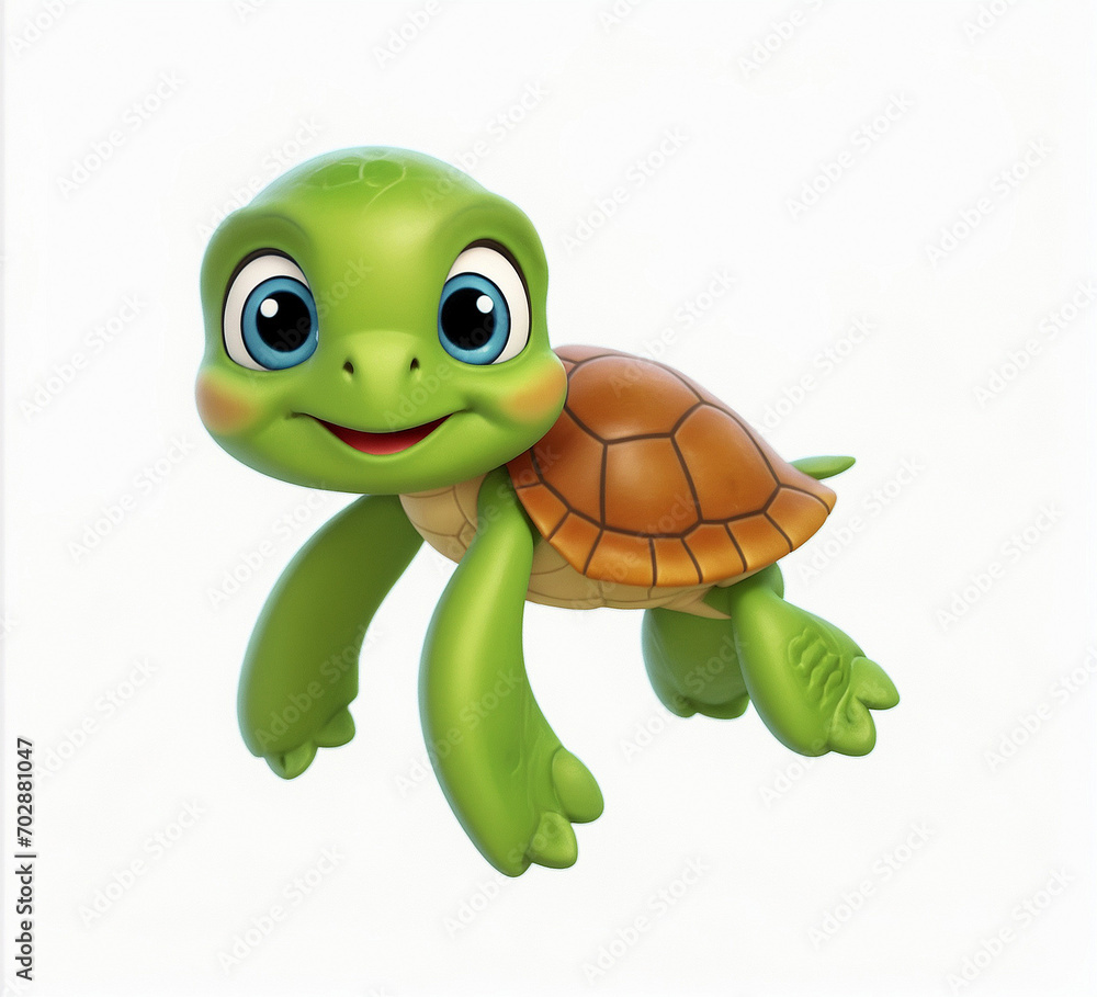 Fototapeta premium A 3d cartoon character swimming turtle on the white background, looking cute, adorable and joyful