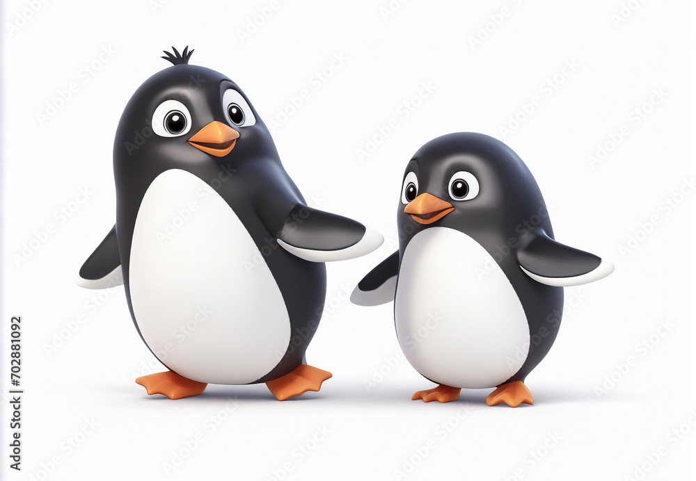 Fototapeta premium A 3d two cartoon character penguin on the white background, looking cute, adorable and joyful