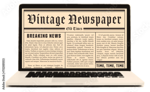 Halftone collage laptop. Vintage style. Newspaper on screen. Isolated vector.