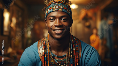 Ethnic Man Smiling Happily, His Expression Radiating Joy and Contentment, Set Against a Background of Blue and Red Hues © Lila Patel