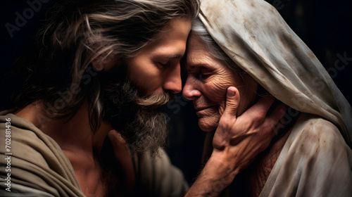 jesus christ caressing an old woman's face