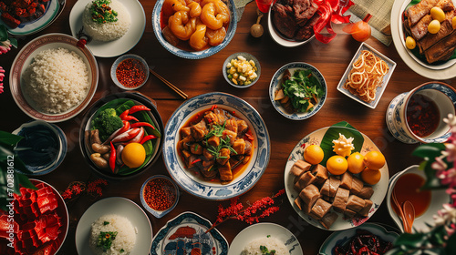 Top view of delicious chinese food meal on red table background for celebration Chinese New Year photo
