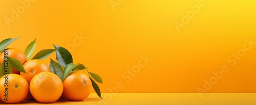 Oranges with leaves and flowers on an orange background photo
