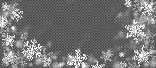 White snowflakes on transparent background. Snow blizzard vector illustration