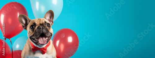Happy Birthday, carnival, New Year's eve, sylvester or other festive celebration, funny animals card - French bulldog dog and balloons on blue background
