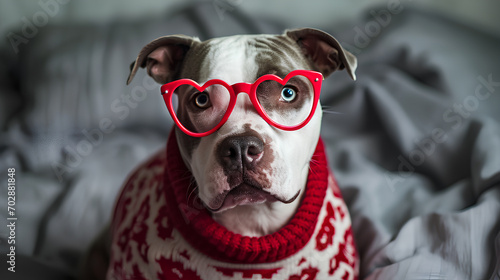 Cute Pit Bull Dog in Sweater and Heart Glasses, Valentine's Day concept photo