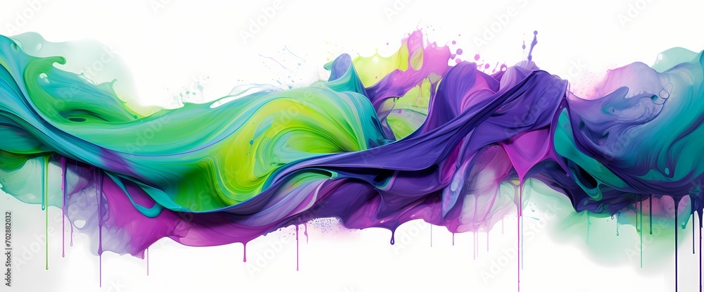 A dynamic splash of neon green and electric purple merging in a fluid dance, creating a visually stunning abstract masterpiece.