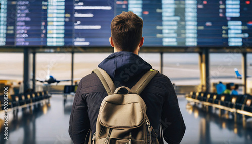 A young man with a backpack with his back turned is looking at the train timetable screens at the train station.