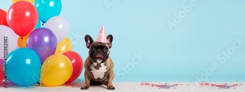 Happy Birthday, carnival, New Year's eve, sylvester or other festive celebration, funny animals card - French bulldog dog with party hat and balloons on blue background