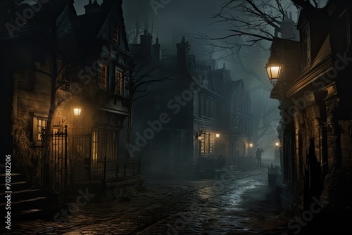 Foggy street with old houses in the old town at night, AI Generated