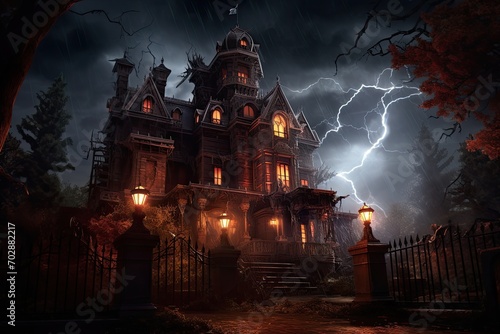 Scary halloween background with haunted house in spooky forest, AI Generated