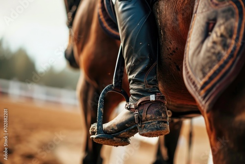 Close-up of a horse's saddle and equestrian's boots in a show jumping event photo