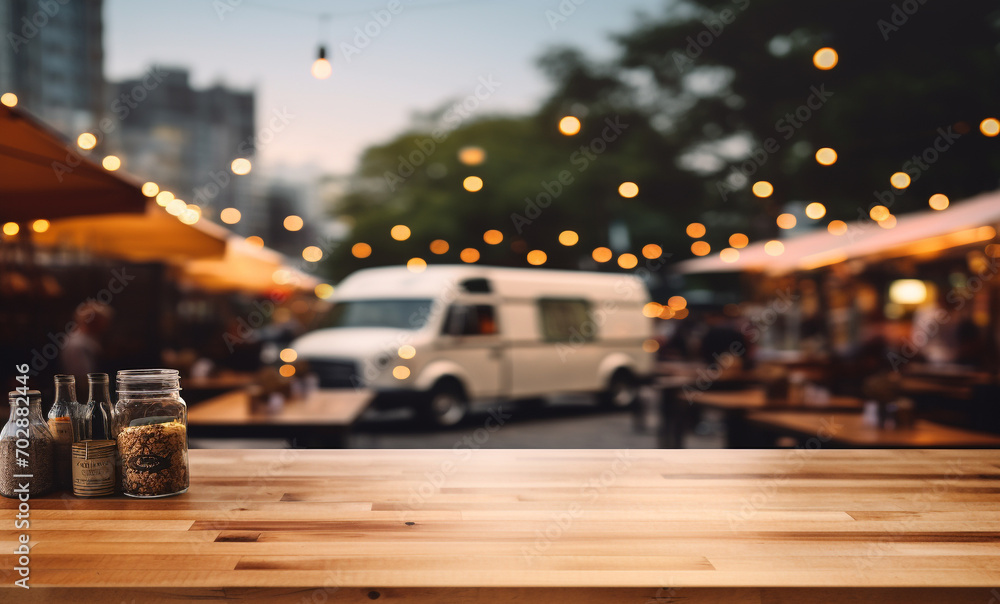 wood table top and Abstract blur food truck festival banner mockup for display of product