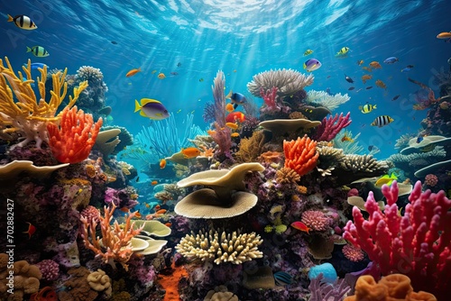 Underwater world with corals and tropical fish. 3d render, AI Generated © Iftikhar alam