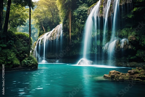 Beautiful waterfall in deep forest, Kanchanaburi province, Thailand, AI Generated photo