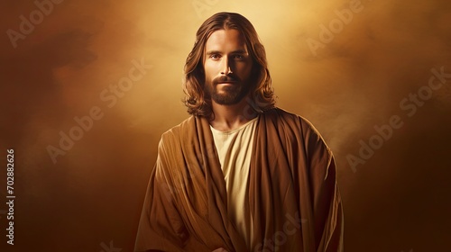 Jesus solid colour background 4k   looking to camera  copy space - generative ai