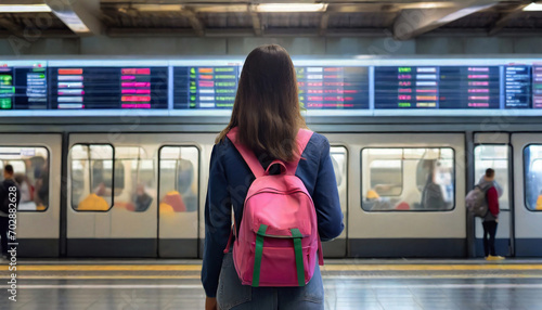 The girl with the backpack with her back turned is looking at the train timetable screens at the train station.