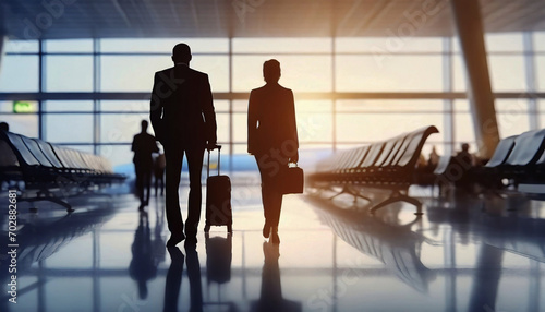 Couple going to the platform to wait for their plane at the airport. Back shot