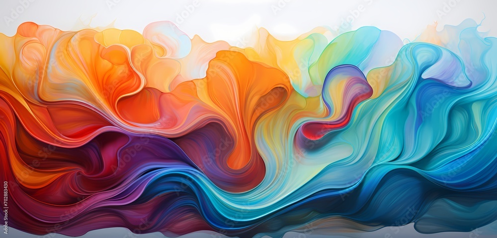 A mesmerizing cascade of vibrant liquid waves in a spectrum of colors, splashing against a dynamic abstract background