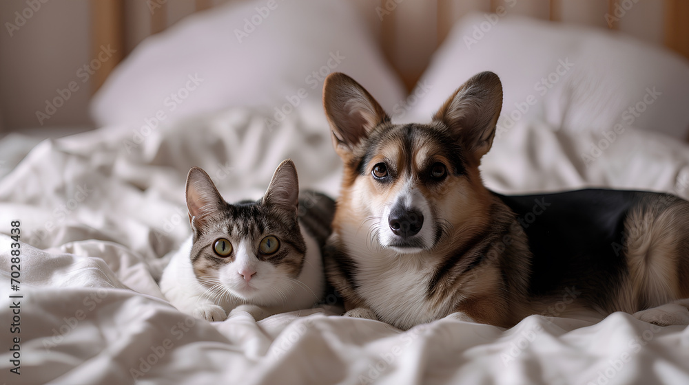 Funny friends cute cat and a corgi dog are lying on a white bed together,