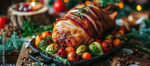 Tasty bacon-wrapped turkey with Brussels sprouts, tomatoes, and carrots. photo