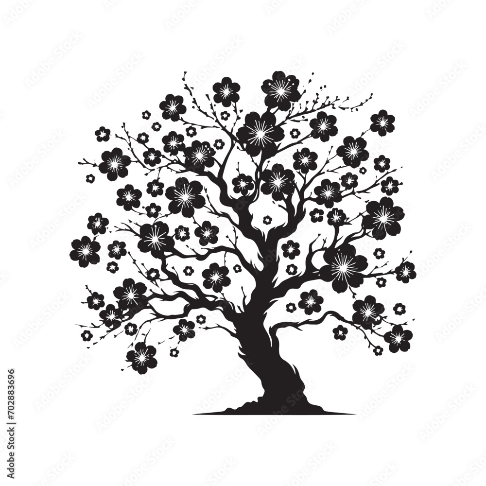 Naklejka premium Sunset Serenade - Blossom Tree Silhouette in the Golden Light, an Image of Serenity - Blossom Tree Black Vector Stock