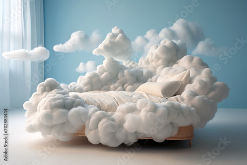 A bed made of clouds as a symbol of good sleep, sweet dreams, mental health and healthy states of mind. Fantasy and dream, rest, chill and relax concept. Romantic minimalist interior, heaven bedroom photo