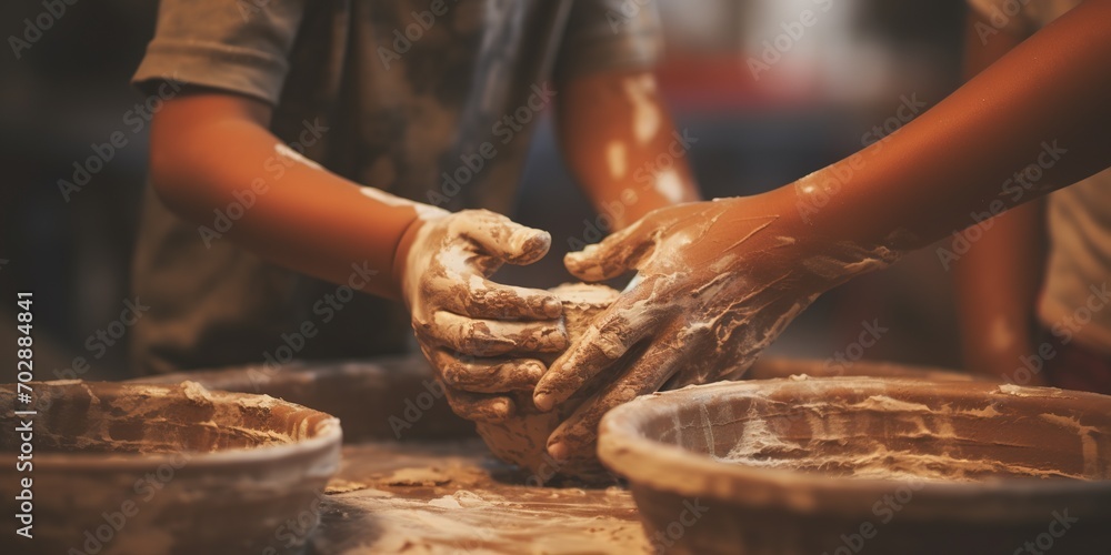 Generative AI, kid hands with clay making of a ceramic pot in the pottery workshop studio, hobby and leisure concept	
 - obrazy, fototapety, plakaty 