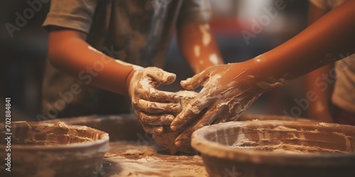 Generative AI, kid hands with clay making of a ceramic pot in the pottery workshop studio, hobby and leisure concept	
 photo