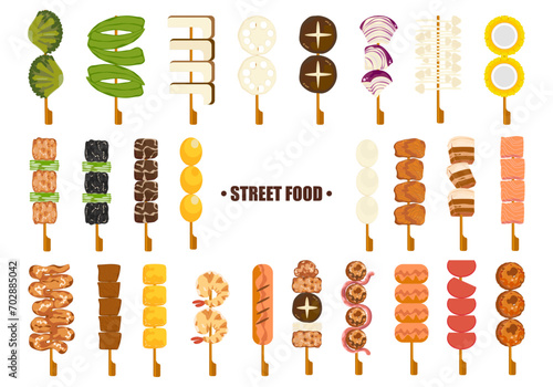 The illustration set of street food Yakitori is served with a variety of skewers. Asian fast food and takeaway restaurants Isolated on a white background cute cartoon for design elements Easy to edit.