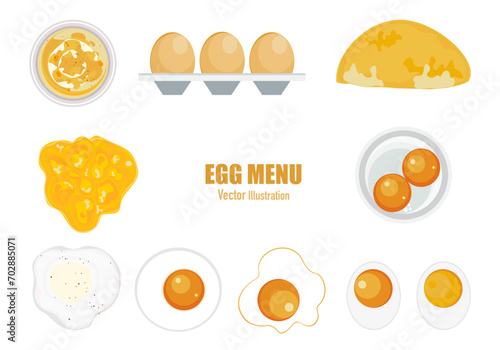 Cartoon egg dish vector illustration. Hard-cooked eggs. Fried, boiled, omelet and frittata, healthy breakfast set. Delicious cooked egg menu on a white background Easy to edit. photo