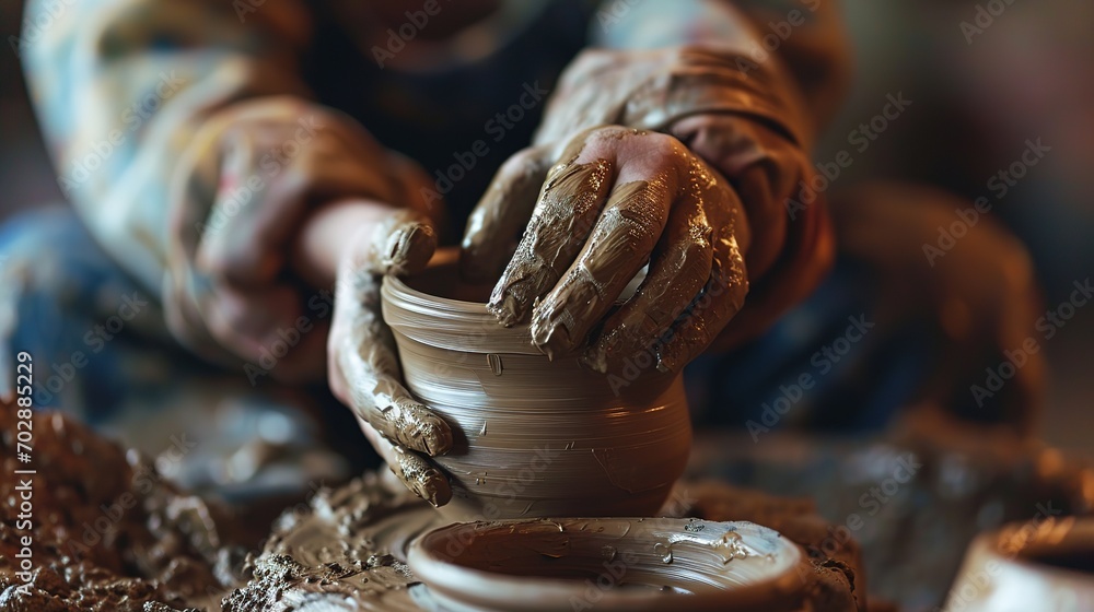Generative AI, kid hands with clay making of a ceramic pot in the pottery workshop studio, hobby and leisure concept	
 - obrazy, fototapety, plakaty 