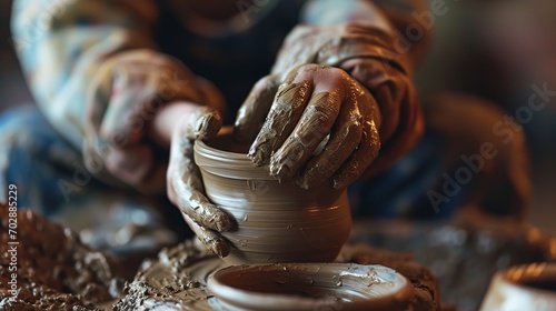 Generative AI, kid hands with clay making of a ceramic pot in the pottery workshop studio, hobby and leisure concept	
 photo