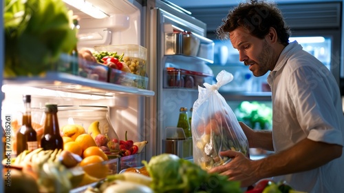 View Looking Out From Inside Of Refrigerator As Man Takes Out Healthy Packed Lunch In Container