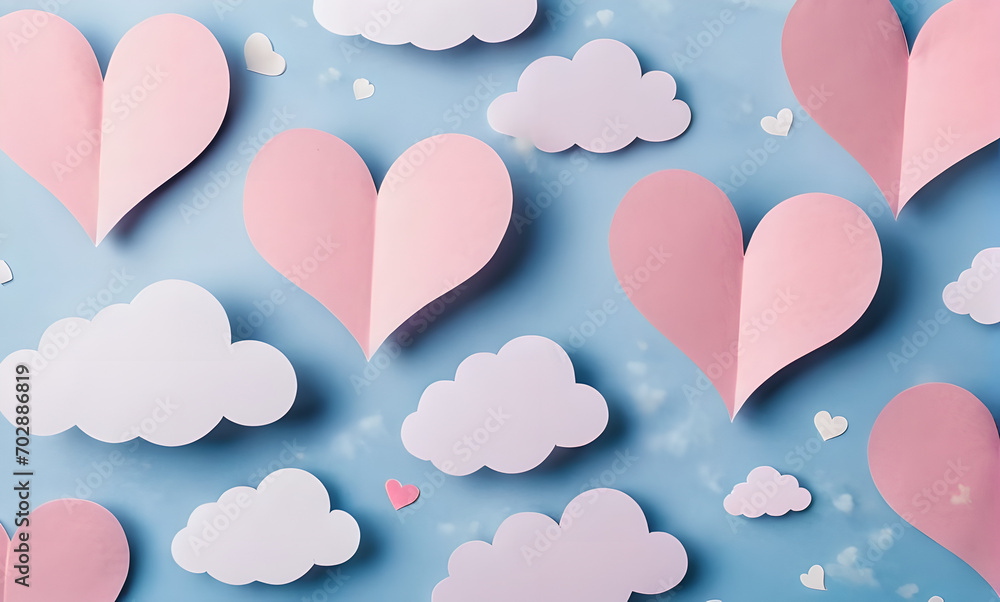 paper hearts on white soft pink color, paper hearts in the clouds, valentines day concept, fantasy dream holiday, love paper heart in the clouds, festive valentine, saint valentine, happy romantic
