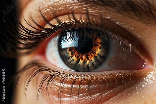 Macro pupil retina human colse eye photo. photo