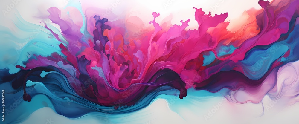 Bursting waves of vibrant magenta and cyan blending in a symphony of fluid motion against a backdrop of abstract colors.