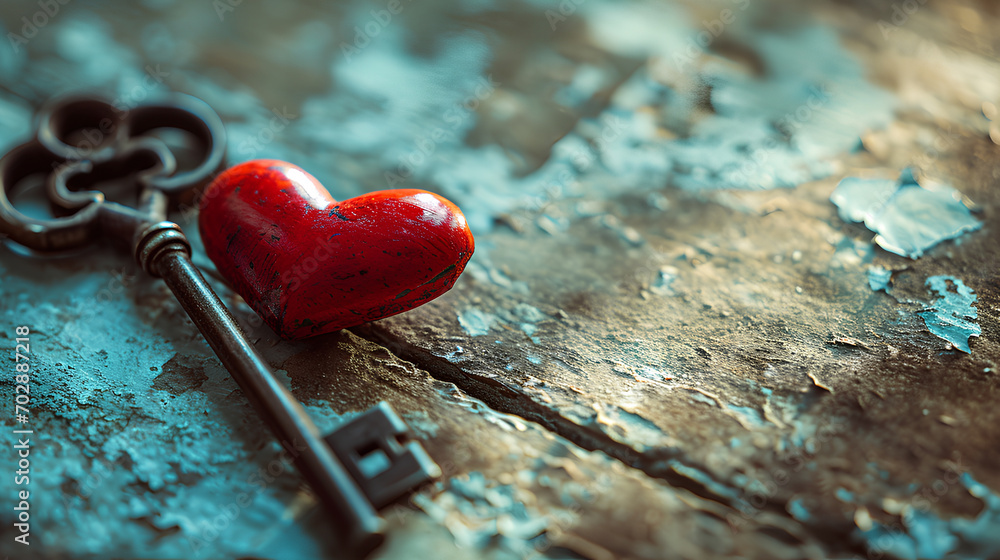 Key with the heart as a symbol of love with a red heart on a grunge old wooden background Key with the heart as a symbol of love with a red heart on a grunge old wooden background