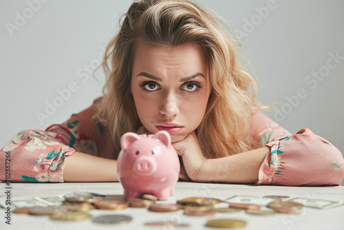 A woman stressed about finances with coins and piggy bank, Saving, Financial problems, Get out of debt
