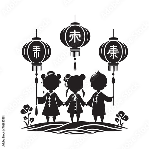 Illuminated Harmony - Chinese New Year Children Silhouette Celebrating in Perfect Synchrony with Lanterns, Creating a Harmonious Chinese New Year Silhouette
