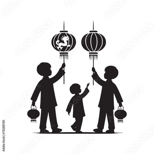 Whispering Lantern Dreams - Chinese New Year Children Silhouette Engaged in Festive Reverie, Crafting a Dreamy Chinese New Year Silhouette
